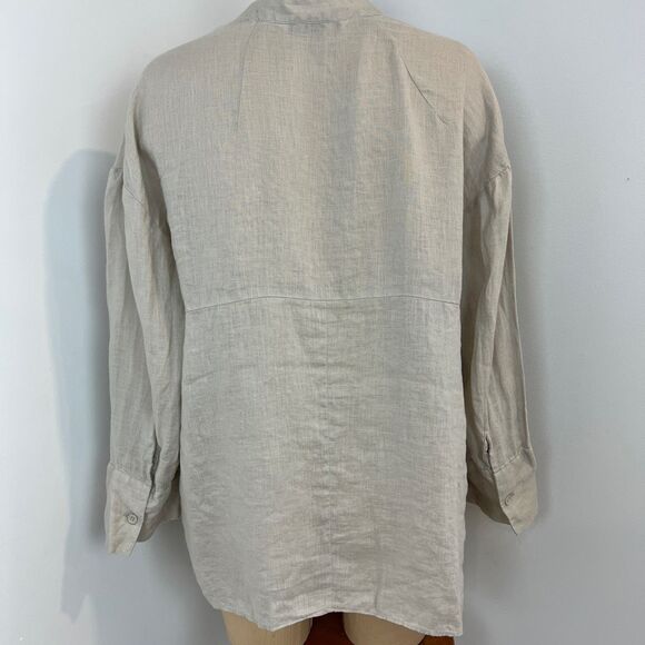 Zara Women's Small Beige Grey Linen Blend Long Sleeve Button Down Shirt Peasant - Picture 6 of 11